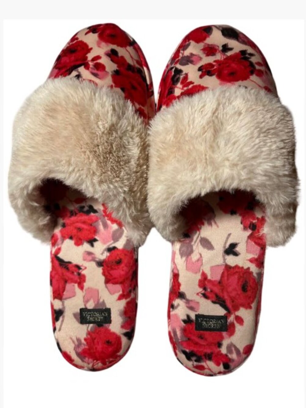 Victoria's Secret Signature Floral Plush Slippers with Faux Fur Size large  NWOT
